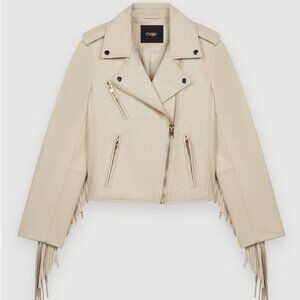 Maje Bexol Fringe Sleeve Leather Jacket